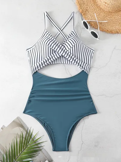 Sexy Cutout Cross Color Matching Swimsuit Blue - Shop at LoveMi