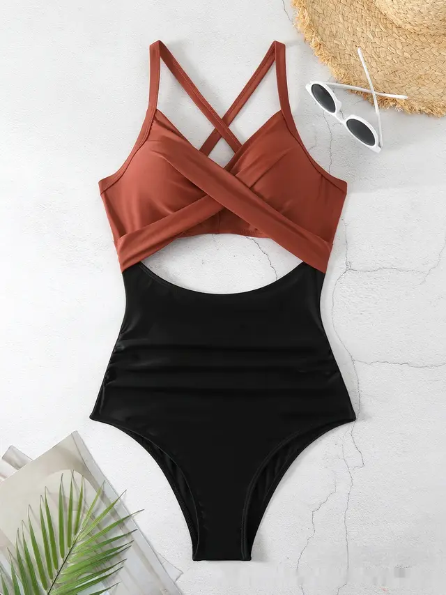Sexy Cutout Cross Color Matching Swimsuit Coffee Black - Shop at LoveMi