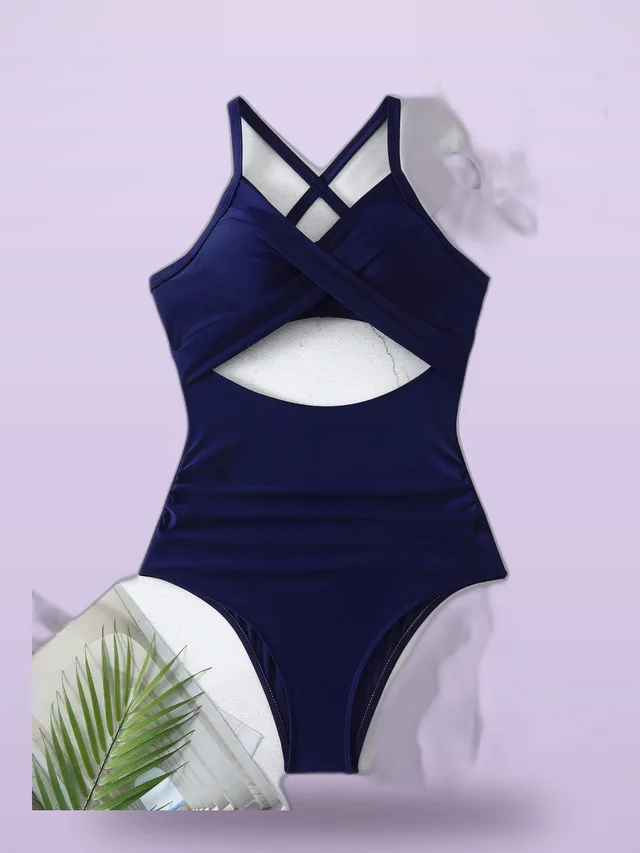 Sexy Cutout Cross Color Matching Swimsuit Navy Blue - Shop at LoveMi
