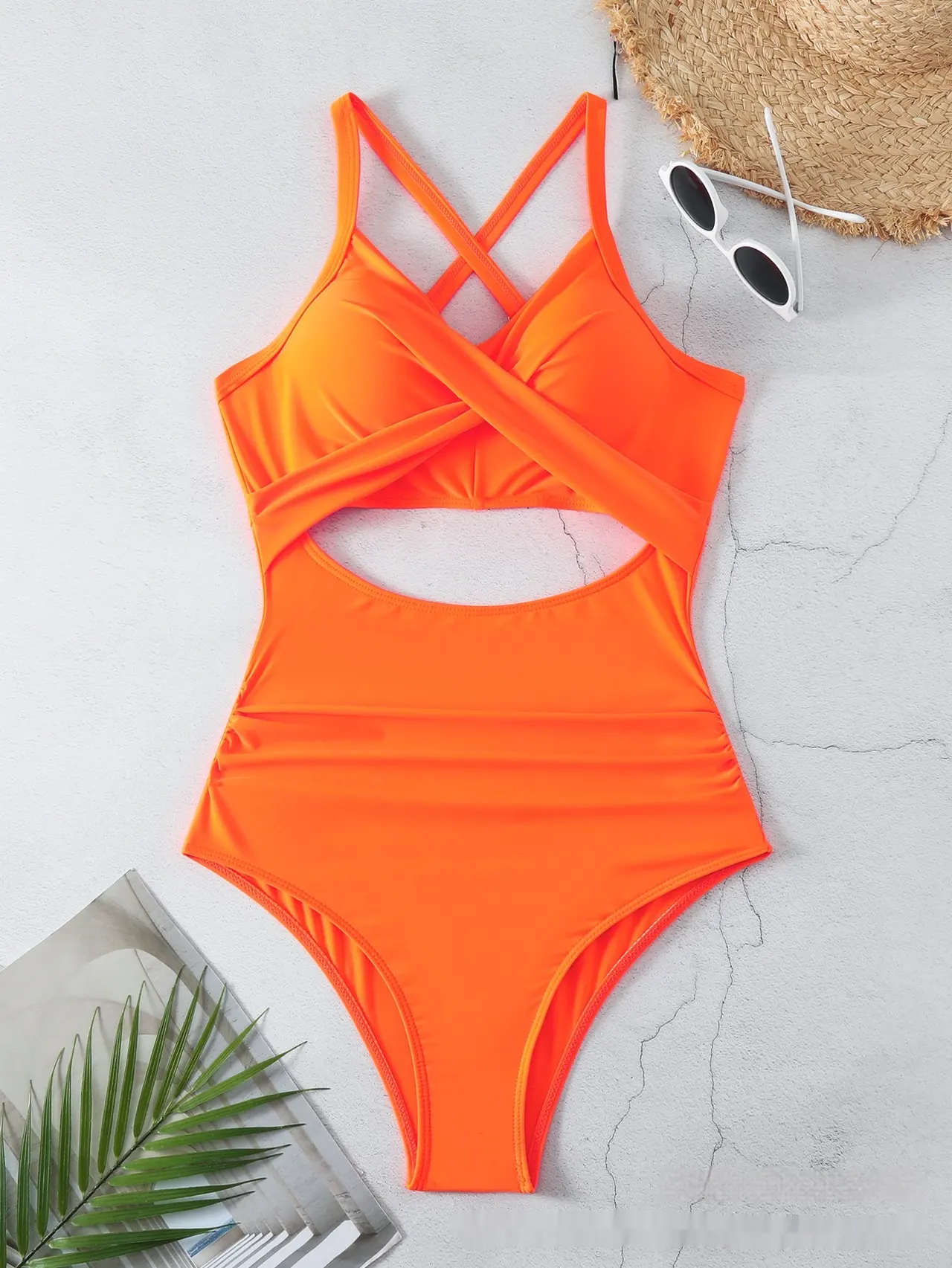 Sexy Cutout Cross Color Matching Swimsuit - Orange - View 1