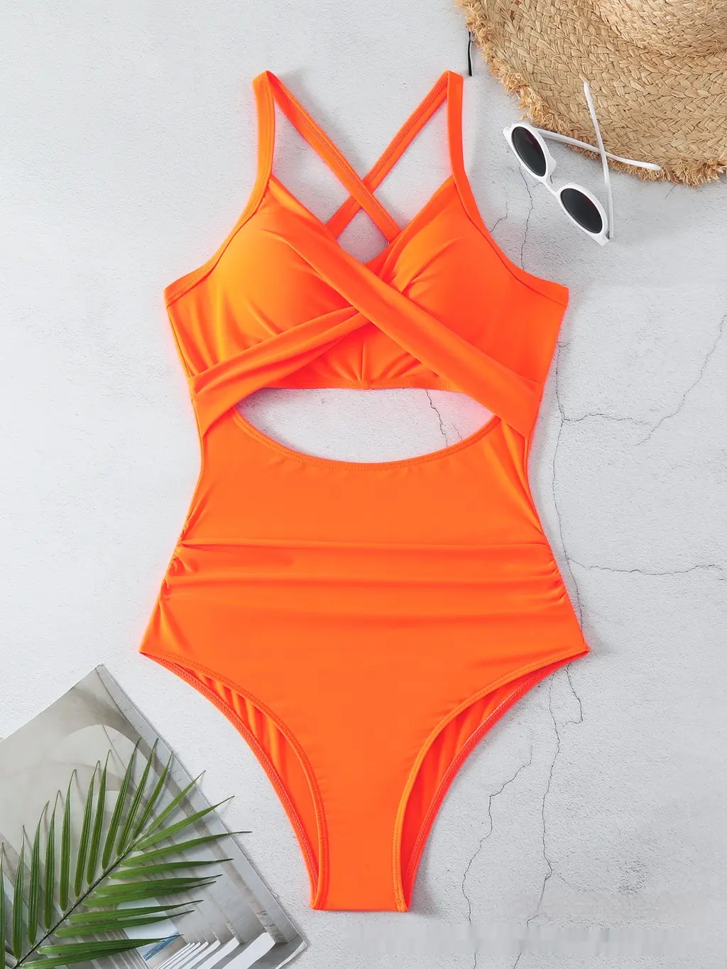 Sexy Cutout Cross Color Matching Swimsuit - Orange