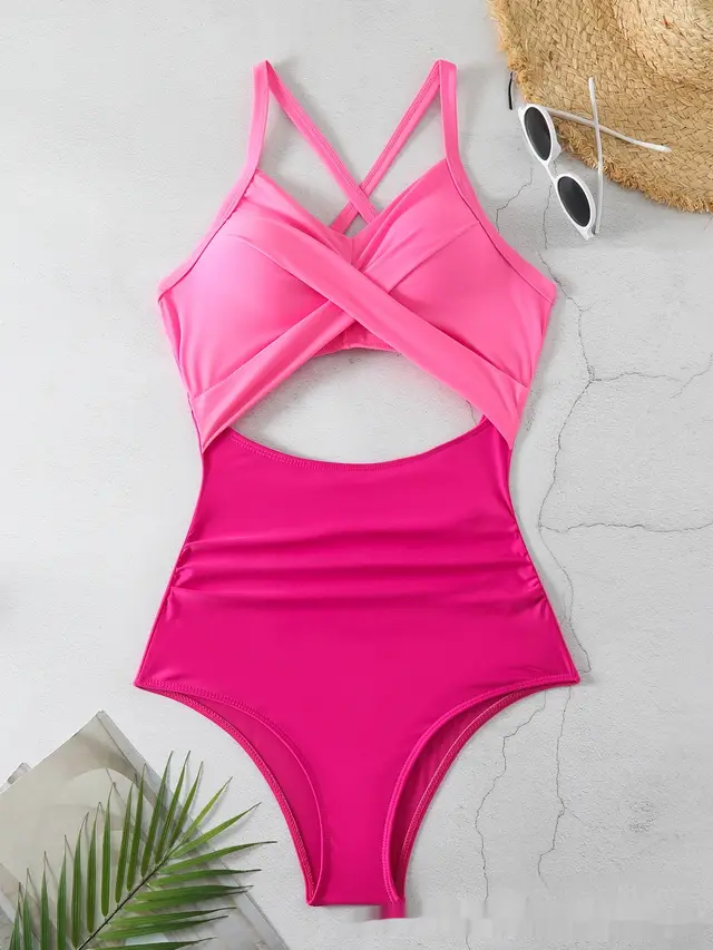 Sexy Cutout Cross Color Matching Swimsuit Pink Rose Red - Shop at LoveMi