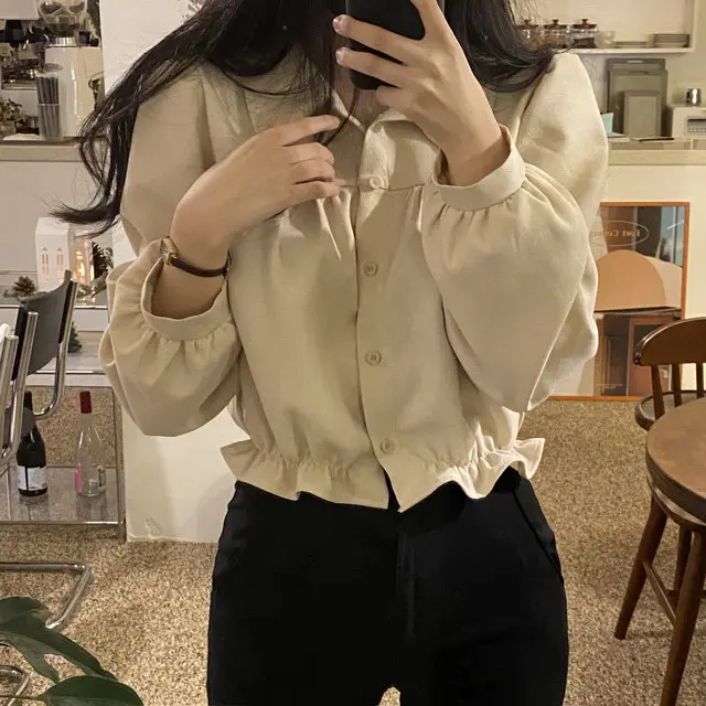 Fashion French Short Puff Sleeve Shirt Women Apricot - Shop at LoveMi