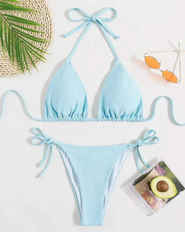 Pure Color Tied Halter Bikini Swimsuit Blue - Shop at LoveMi