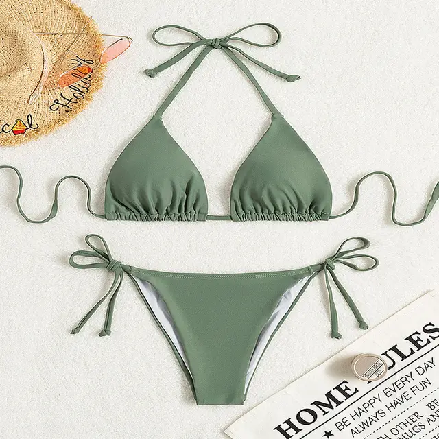Pure Color Tied Halter Bikini Swimsuit Green - Shop at LoveMi