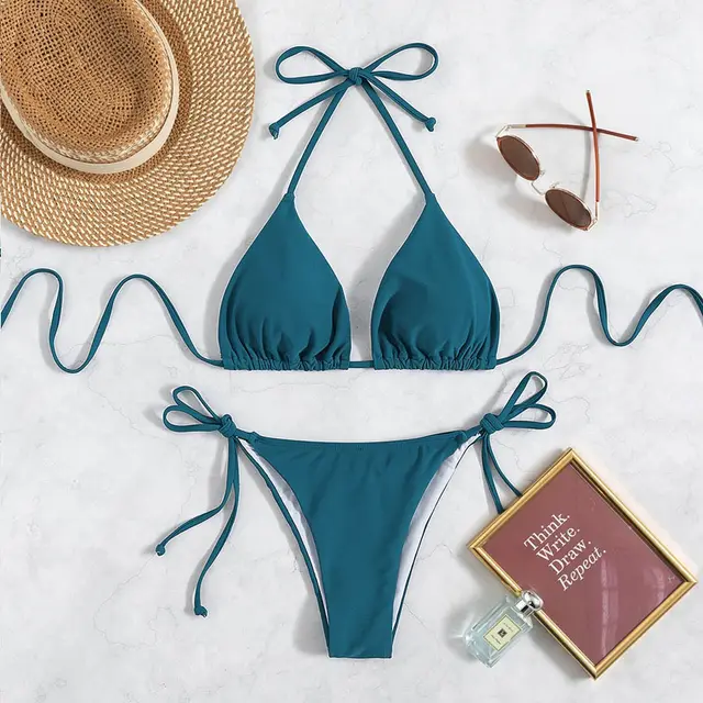 Pure Color Tied Halter Bikini Swimsuit Peacock Blue - Shop at LoveMi