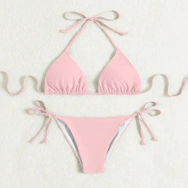 Pure Color Tied Halter Bikini Swimsuit Pink - Shop at LoveMi