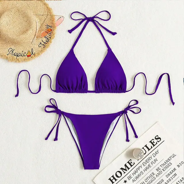 Pure Color Tied Halter Bikini Swimsuit Purple - Shop at LoveMi