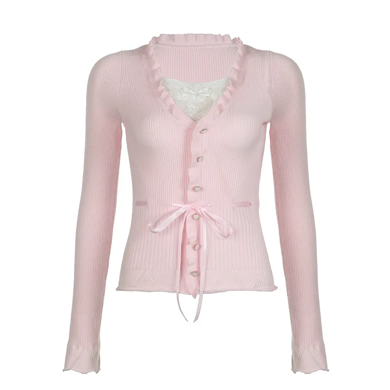 Sweet Style Lace Stitching Love Button Fake Two Pieces Sweaters Curling Top Light Pink - Shop at LoveMi