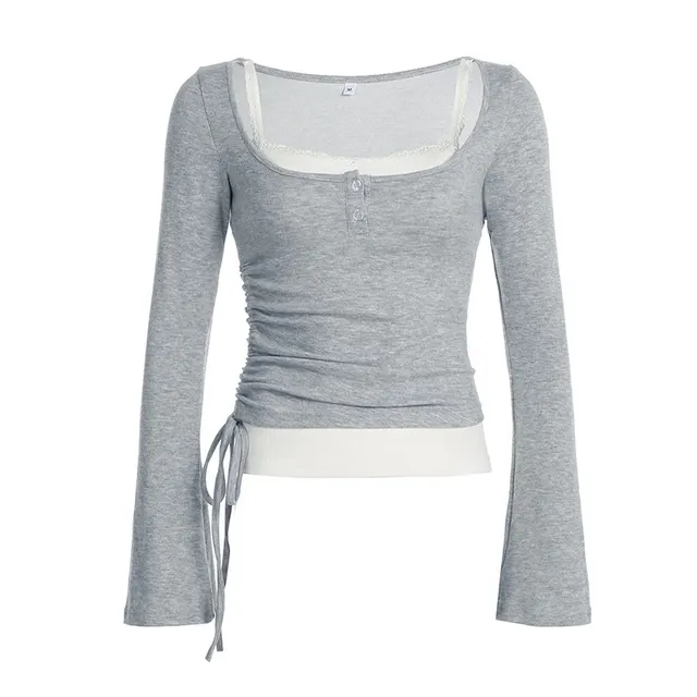 Stitching Contrast Color Drawstring Waist Slimming Real Two piece Knitted Top Gray - Shop at LoveMi