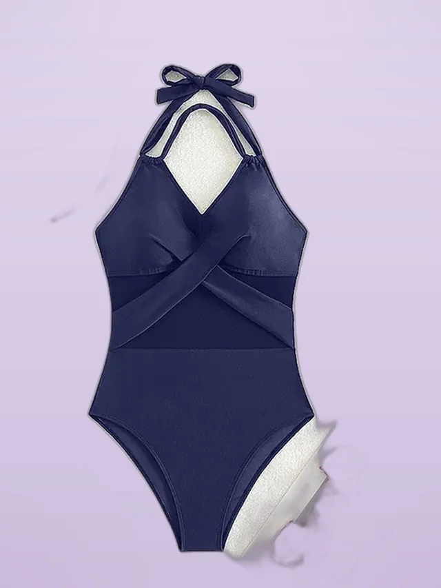 New Fashion One piece Swimsuit Solid Color Navy Blue - Shop at LoveMi