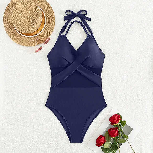 New Fashion One piece Swimsuit Solid Color Navy Blue - Shop at LoveMi