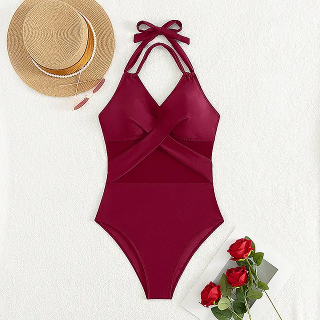 New Fashion One piece Swimsuit Solid Color Wine Red - Shop at LoveMi