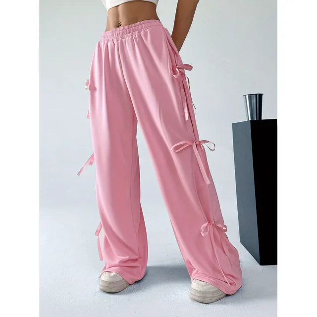 Women's Elastic Waist Contrast Color Straight leg Trousers Pink - Shop at LoveMi