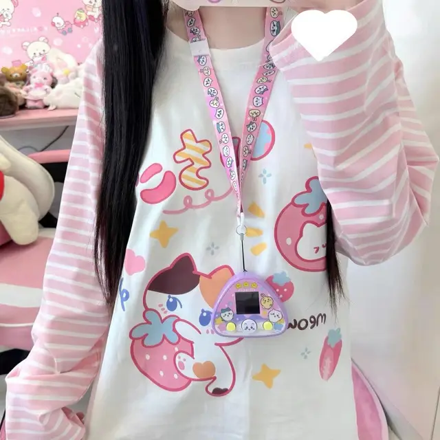 Cute Patchwork Stripes New Student Loose Soft Girl Long Sleeve Top White - Shop at LoveMi