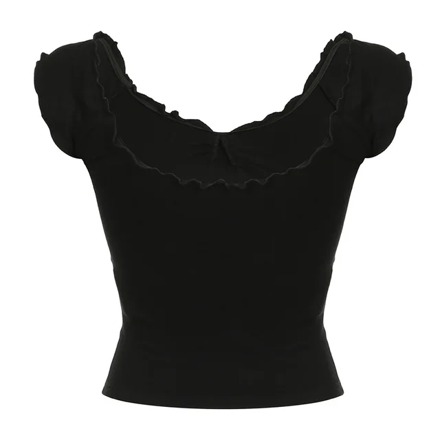 Lace Chest shaped Waist tight Exposed Back Short sleeved Slimming Top Black - Shop at LoveMi