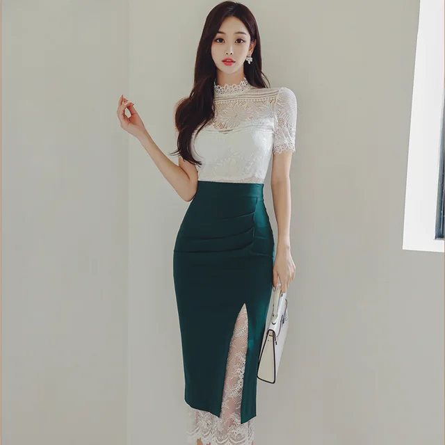 Slim fit Elegant Lace Top Split Arm Covering Skirt Suit For Women Picture Color Suit - Shop at LoveMi