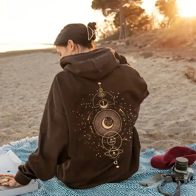 Moon Print Casual Hooded Sweatshirt Brown - Shop at LoveMi