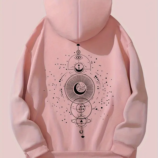 Moon Print Casual Hooded Sweatshirt Pink - Shop at LoveMi