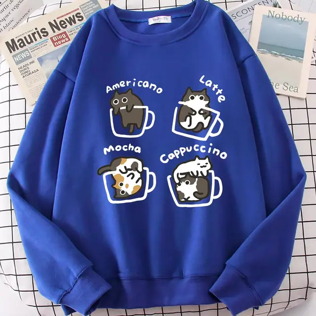 Coffee Cat Cute Personality Hoodie Blue - Shop at LoveMi