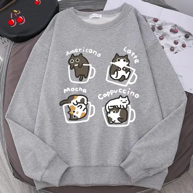 Coffee Cat Cute Personality Hoodie Light Gray - Shop at LoveMi