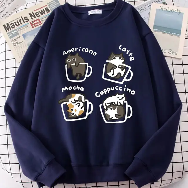 Coffee Cat Cute Personality Hoodie Navy Blue - Shop at LoveMi