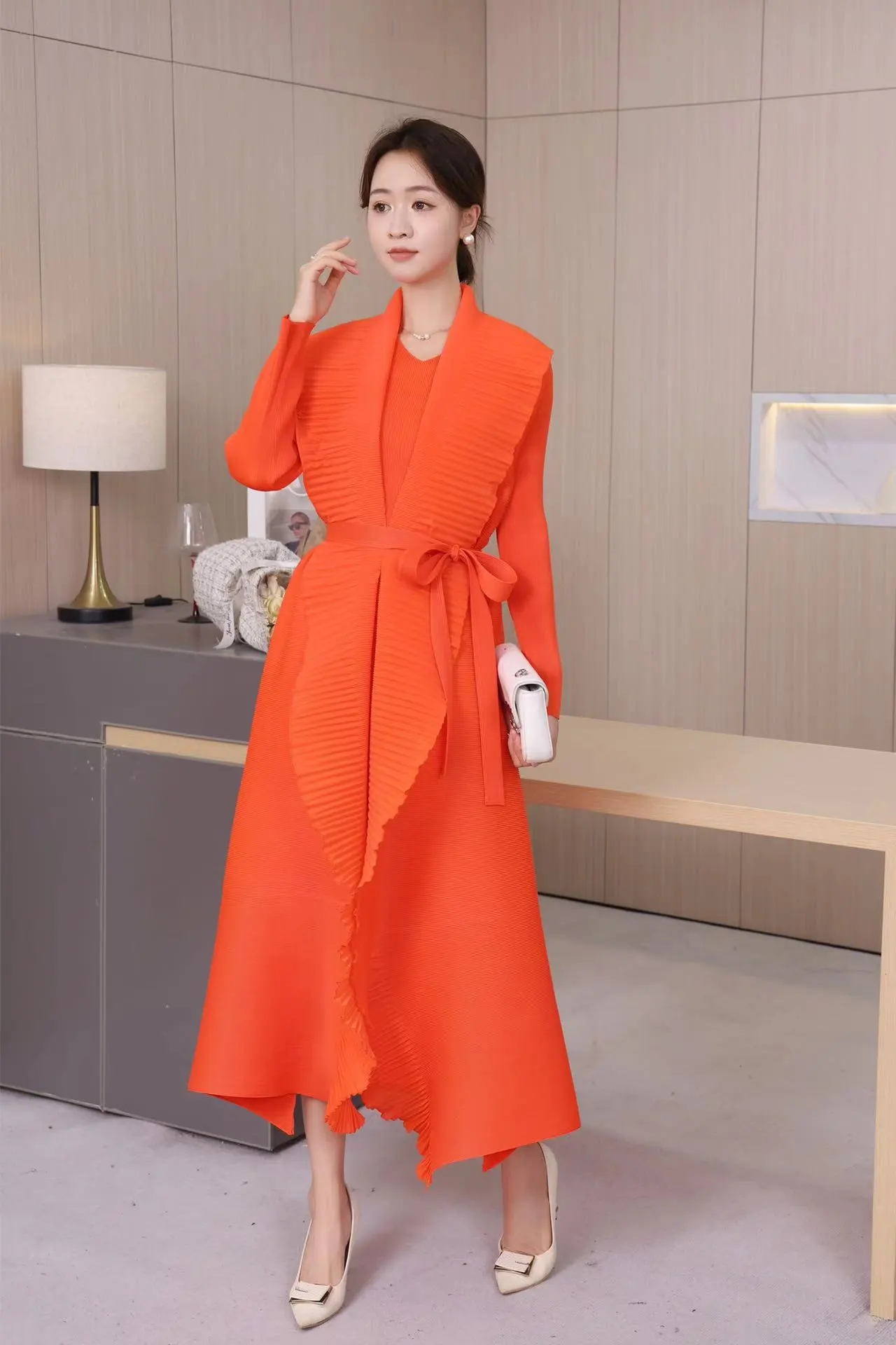 Spring And Autumn New Close Edge Belt Solid Color Dress Shawl Two-piece Set - Orange