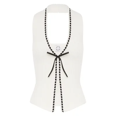 Summer New Fashion Sexy White Knitted Fabric Lace up Vest White - Shop at LoveMi