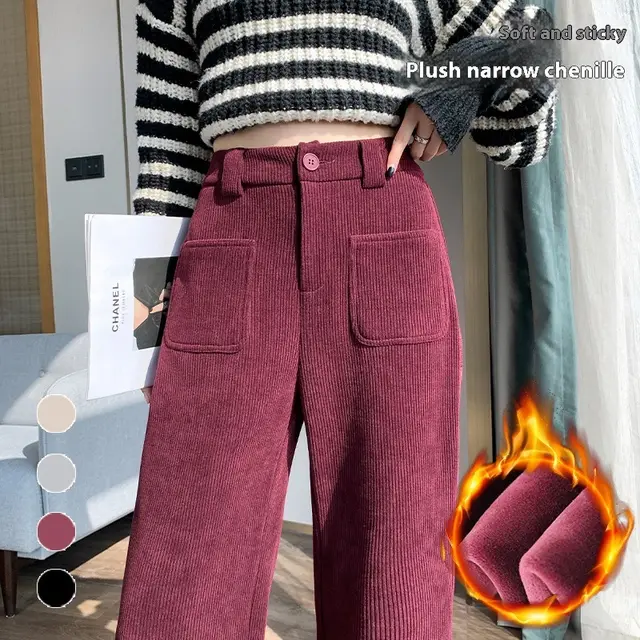 Women's Narrow Fleece Straight Wide leg Pants Purplish Red Not Fleece Lined - Shop at LoveMi