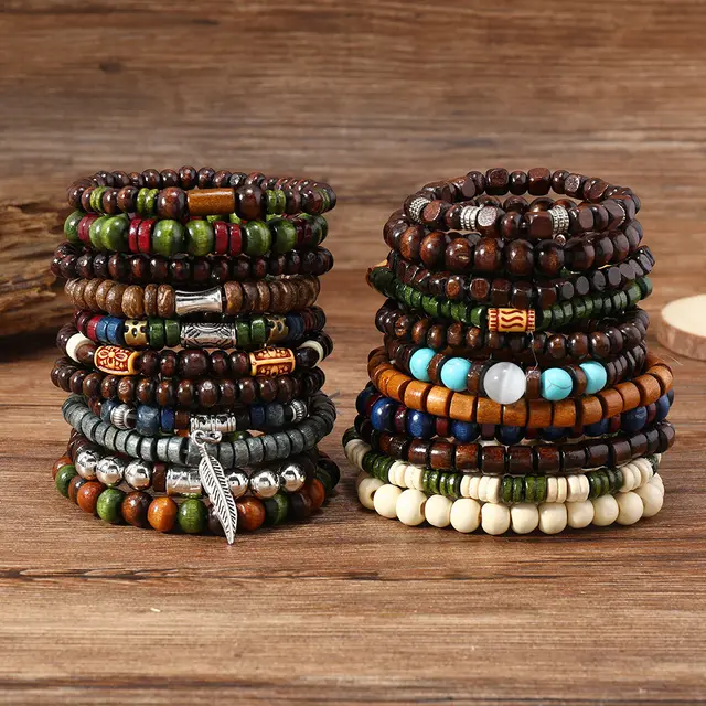 22 Bohemian Retro Wooden Bead Bracelet Suit Mixed Color 22Pcs - Shop at LoveMi