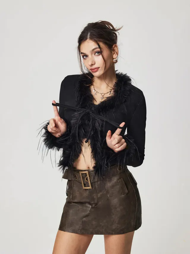 Women's European And American Plush V neck Short Cardigan Top Black - Shop at LoveMi