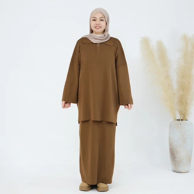 Autumn And Winter Thickening Knitted Top Loose Two piece Suit Brown - Shop at LoveMi