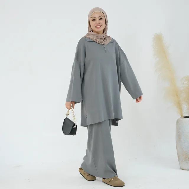 Autumn And Winter Thickening Knitted Top Loose Two piece Suit Dark Gray - Shop at LoveMi