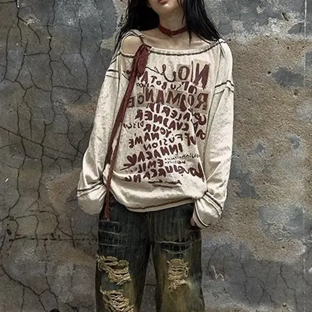 Retro Waste Soil Idle Style Distressed Long sleeved T shirt Top Apricot - Shop at LoveMi