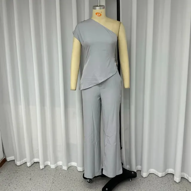 European And American Diagonal Collar Sleeveless Top High Waist Slim Pants Two piece Set Gray - Shop at LoveMi