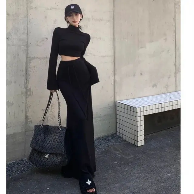 Spring And Autumn New Half Turtleneck Short Top High Waist Sheath Skirt Two piece Set Black Suit - Shop at LoveMi