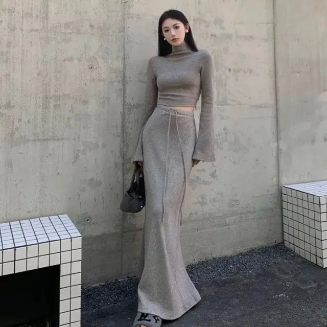 Spring And Autumn New Half Turtleneck Short Top High Waist Sheath Skirt Two piece Set Gray Suit - Shop at LoveMi