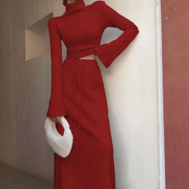 Spring And Autumn New Half Turtleneck Short Top High Waist Sheath Skirt Two piece Set Red Suit - Shop at LoveMi