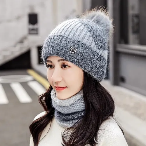All match Cycling Warm With Velvet Cold proof Women's Winter Cotton padded Cap Scarf Set Gray - Shop at LoveMi