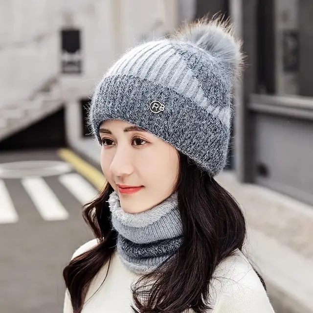 All match Cycling Warm With Velvet Cold proof Women's Winter Cotton padded Cap Scarf Set Gray - Shop at LoveMi