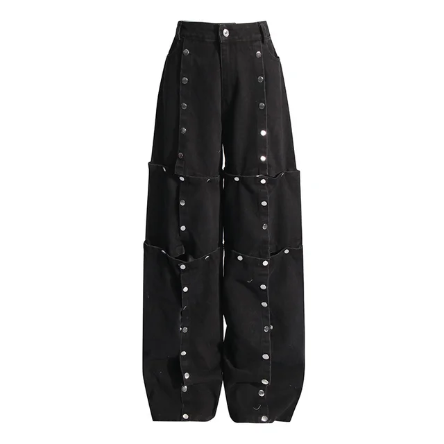 New Detachable Multi button Design Irregular High Waist Jeans Black - Shop at LoveMi