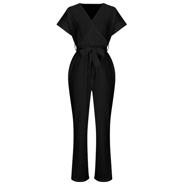 Women's Short sleeved V neck Pocket Jumpsuit Black - Shop at LoveMi