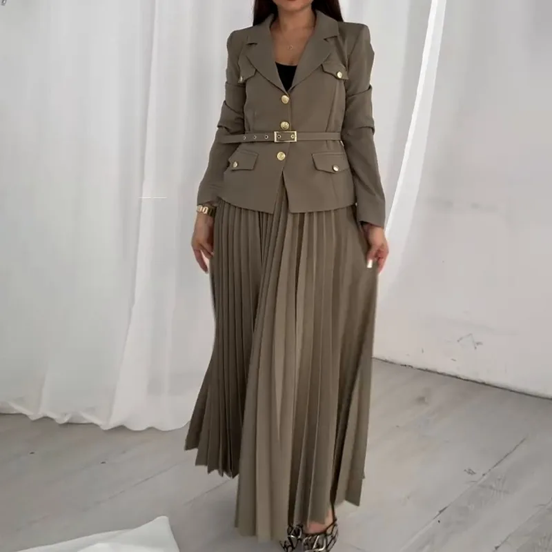 Women's Solid Color Elegant Lapel Suit - Dark Khaki Cloth Color