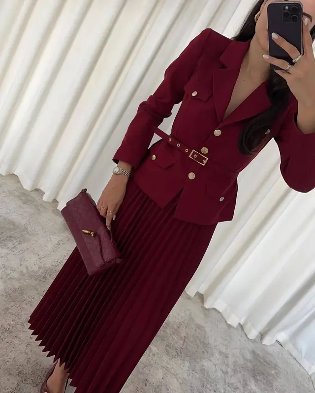 Women's Solid Color Elegant Lapel Suit Wine Red - Shop at LoveMi