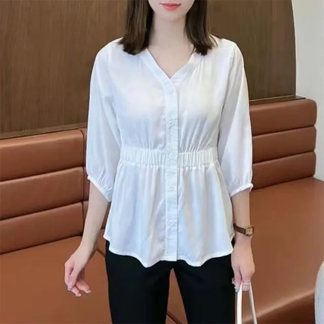 Women's Casual Simple Waist Cinched Seven Quarter Sleeve Shirt White - Shop at LoveMi
