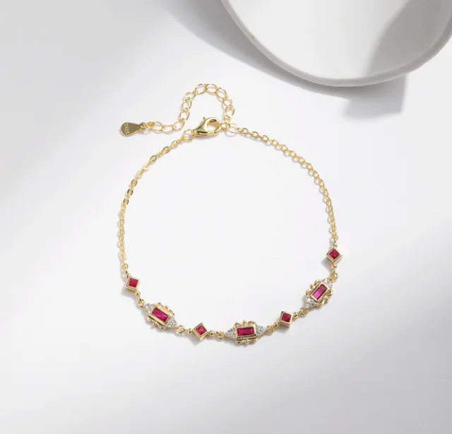 S925 Sterling Silver French Retro Pigeons blood Ruby Geometric Bracelet Gold - Shop at LoveMi