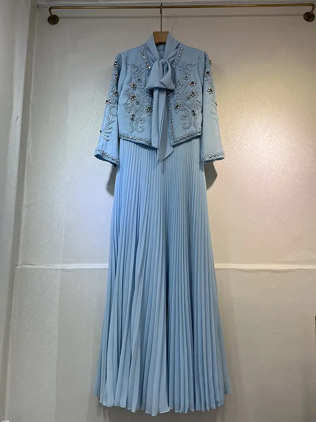 Fashion Round Neck Bowknot Flower Patchwork Pleated Skirt Style 2 - Shop at LoveMi