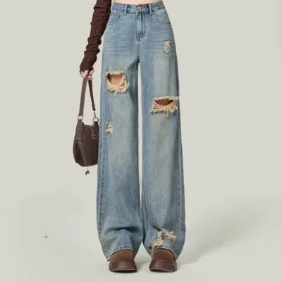 Women's Simple Retro High Street Ripped Jeans Blue - Shop at LoveMi
