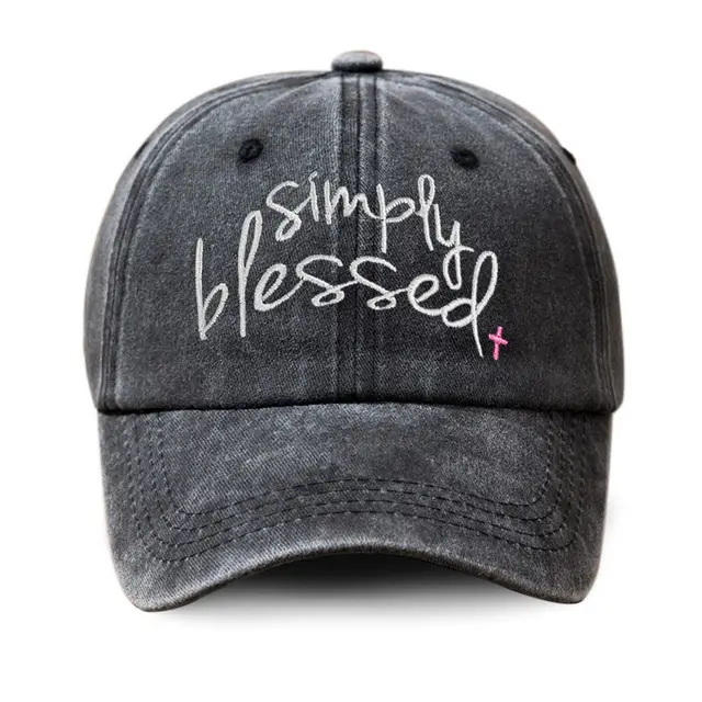 Simply Blessed Wide Brim Sunshade Washed Embroidered English Letter Baseball Cap Dark Gray - Shop at LoveMi