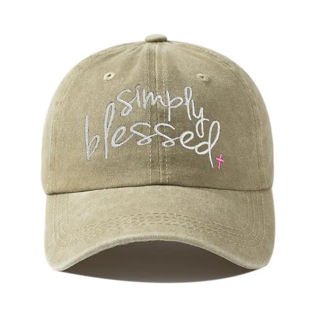 Simply Blessed Wide Brim Sunshade Washed Embroidered English Letter Baseball Cap Khaki - Shop at LoveMi